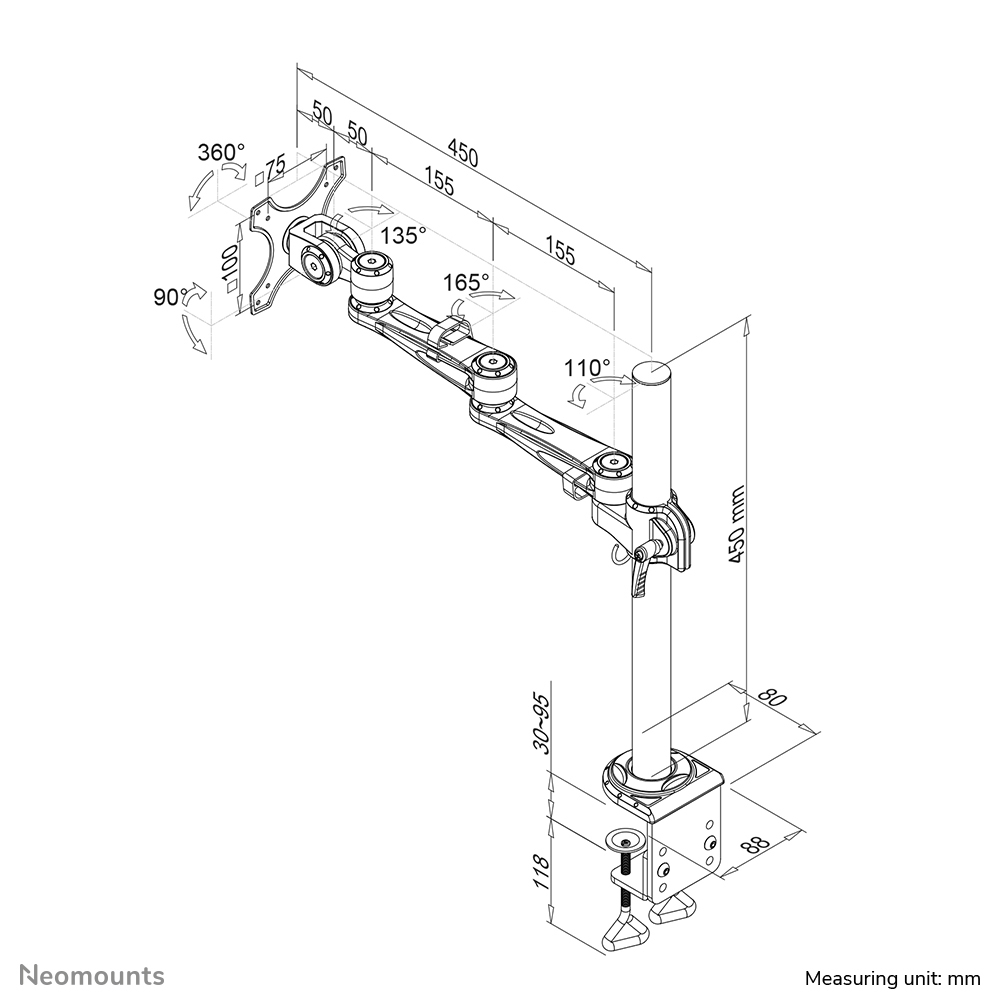 Neomounts Monitor-Tischhalterung - Klemme - 10 kg - 25,4 cm (10 Zoll) - 76,2 cm (30 Zoll) - 100 x 100 mm - Silber