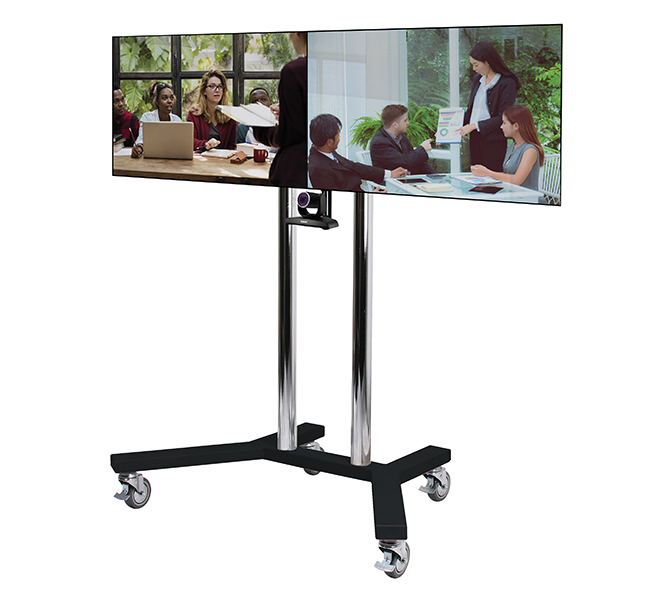 B-TECH SystemX Videokonferenz Rollständer für Dual-Displays nebeneinander mit Kameraablage (VESA 400x400) - 1.5m Ø60mm Poles