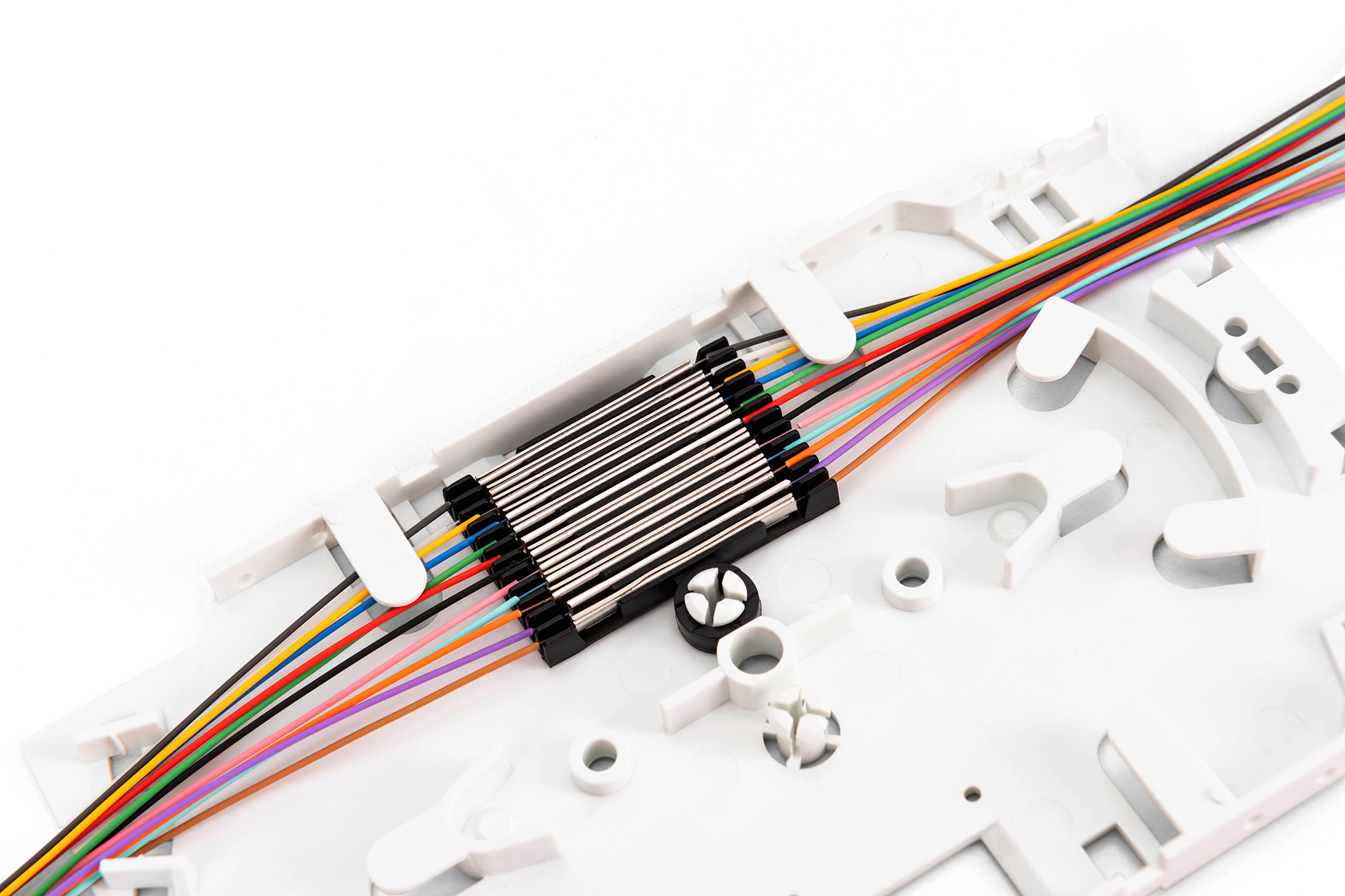 fiber optic cables, multicolor wires, cable assembly, electrical harness, white plastic housing