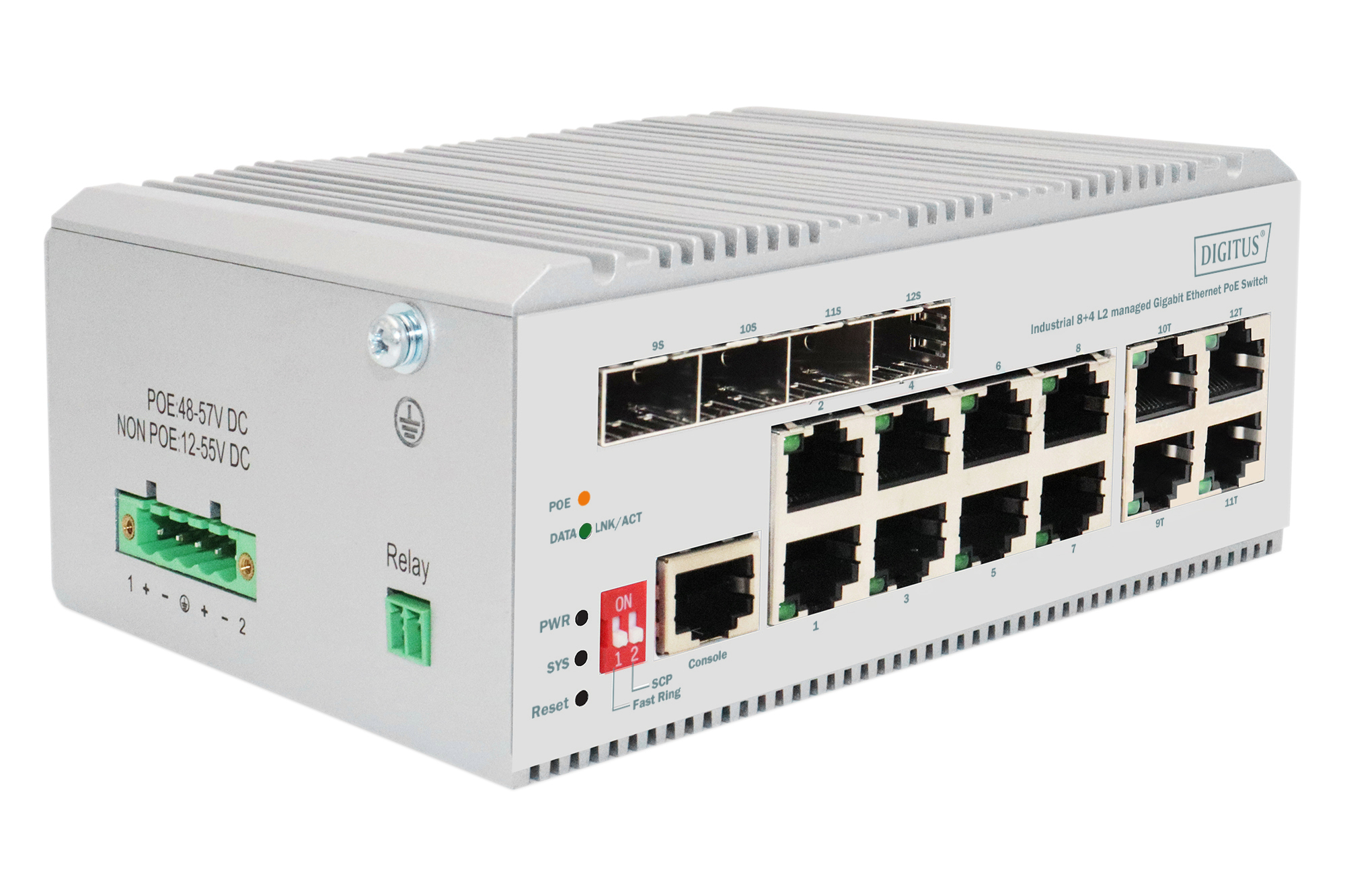 Industrieller Netzwerk-Switch, PoE-Switch, Gigabit-Ethernet, 12 Ethernet-Ports, Metallgehäuse