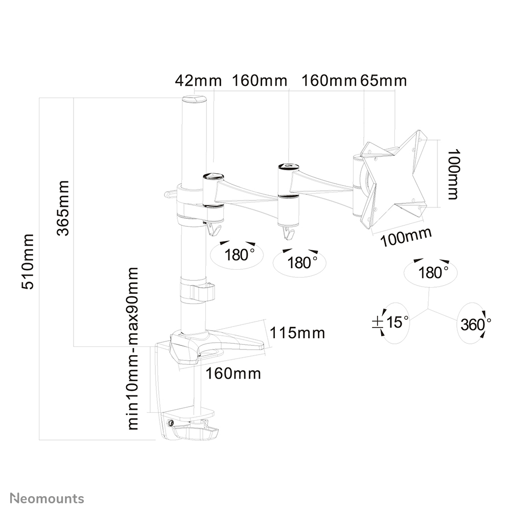 Neomounts Monitor-Tischhalterung - Klemme /Bolzen - 9 kg - 25,4 cm (10 Zoll) - 76,2 cm (30 Zoll) - 100 x 100 mm - Silber