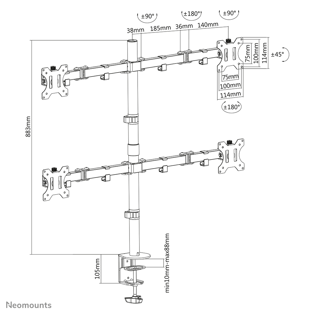 Neomounts Monitor-Tischhalterung - Klemme /Bolzen - 6 kg - 33 cm (13") - 81,3 cm (32") - 100 x 100 mm - Schwarz