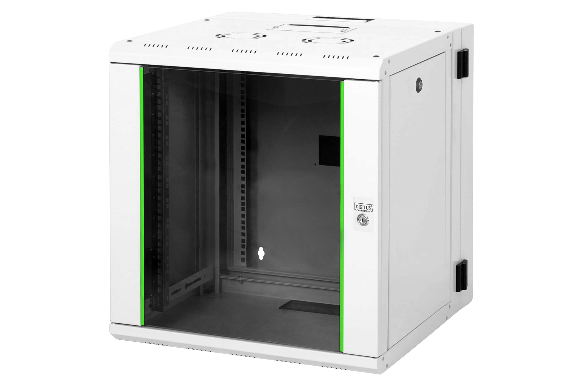 server rack, schrank, gehäuse, glas-tür, grüner rand