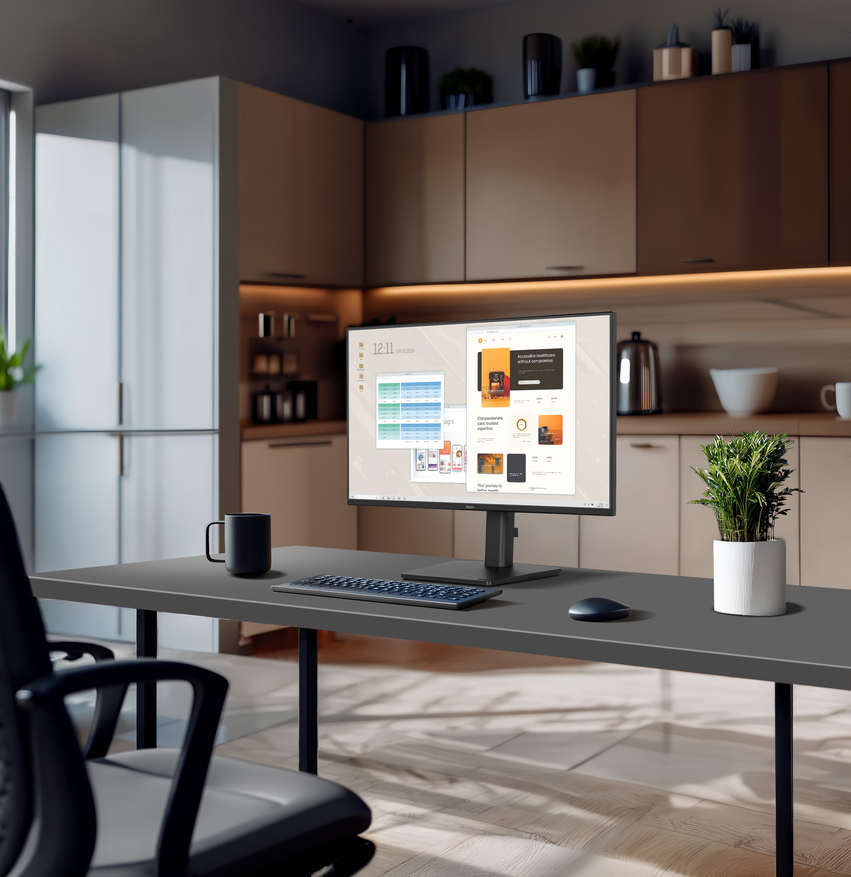 monitor, computer desk, keyboard, mouse, potted plant