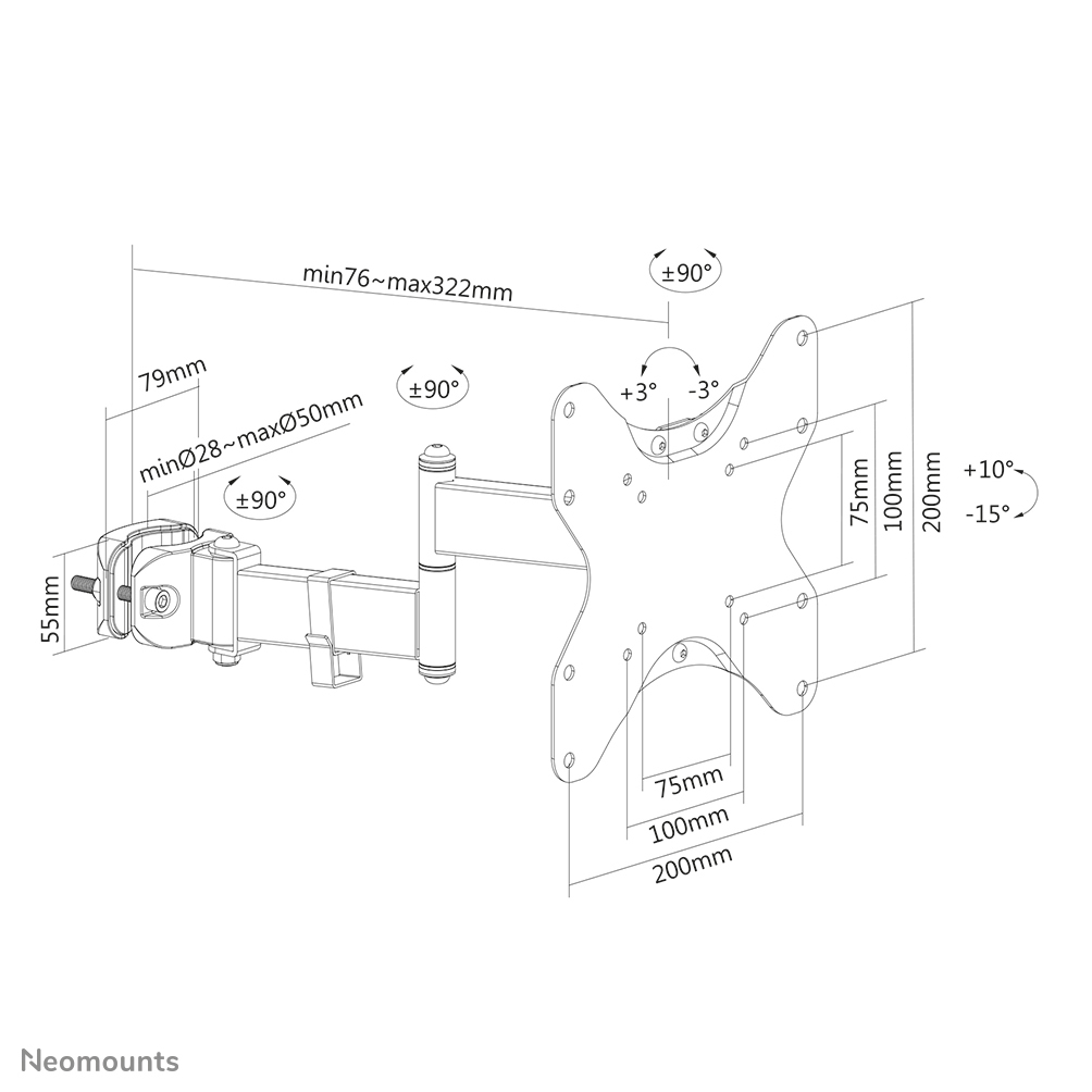 Neomounts TV Stangenhalterung - 58,4 cm (23 Zoll) - 106,7 cm (42 Zoll) - 75 x 75 mm - 200 x 200 mm - 15 - 10 Grad  - Schwarz