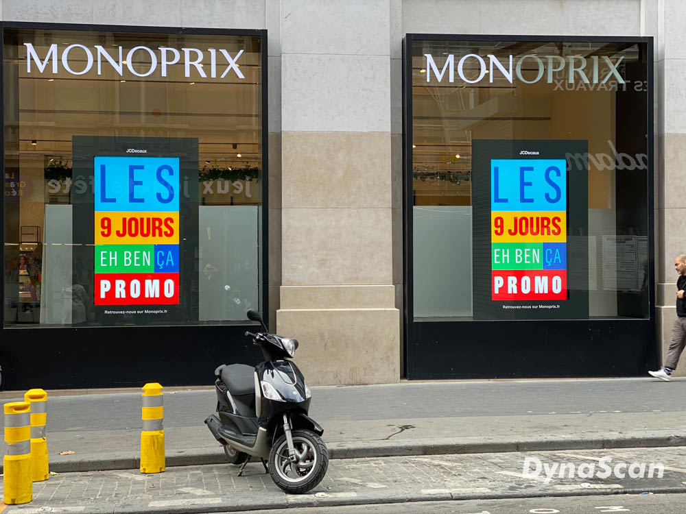 storefront, monoprix, poster, scooter, pavement