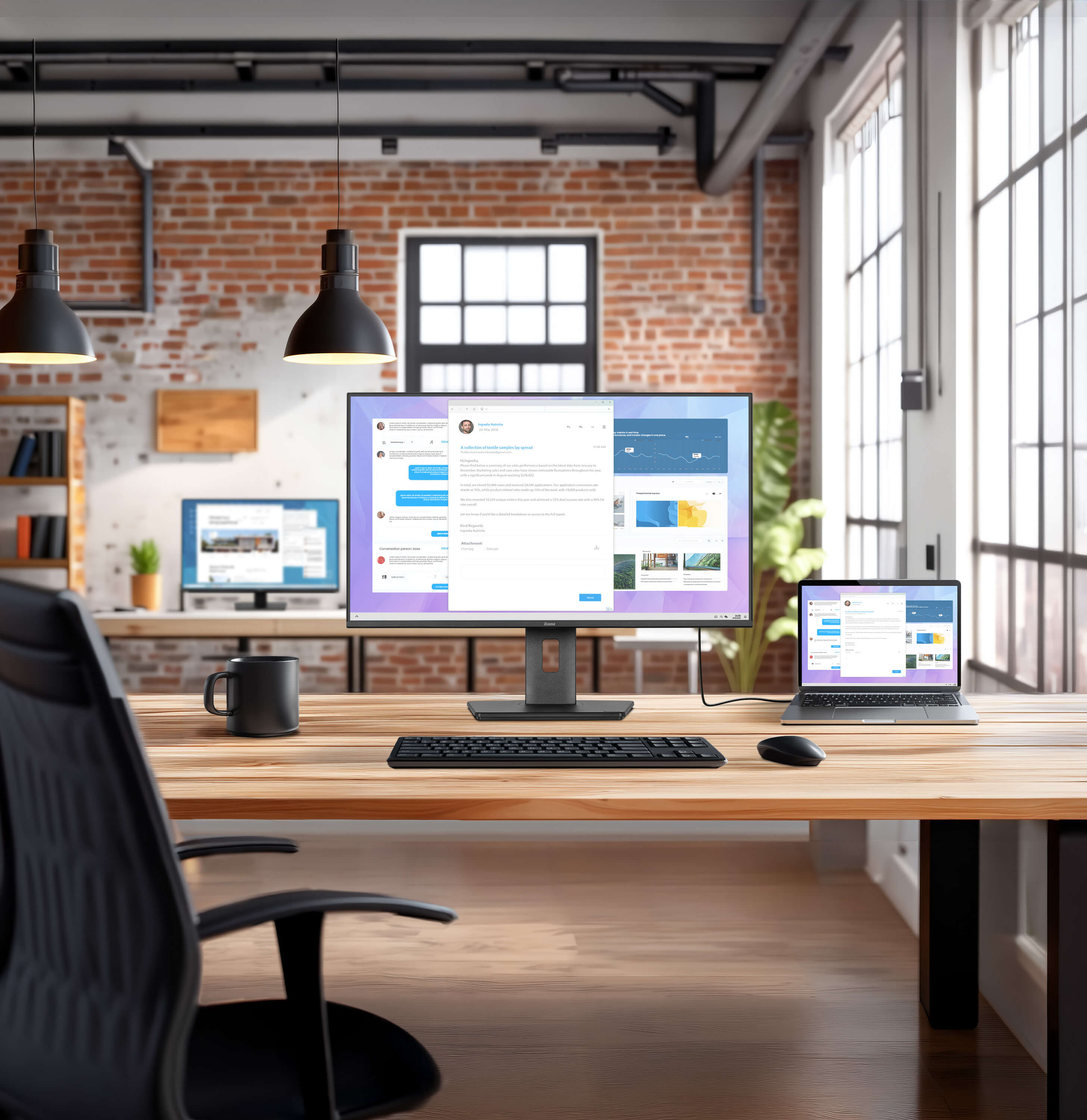 monitor, desk setup, drahtlos tastatur, laptop, büro schreibtisch