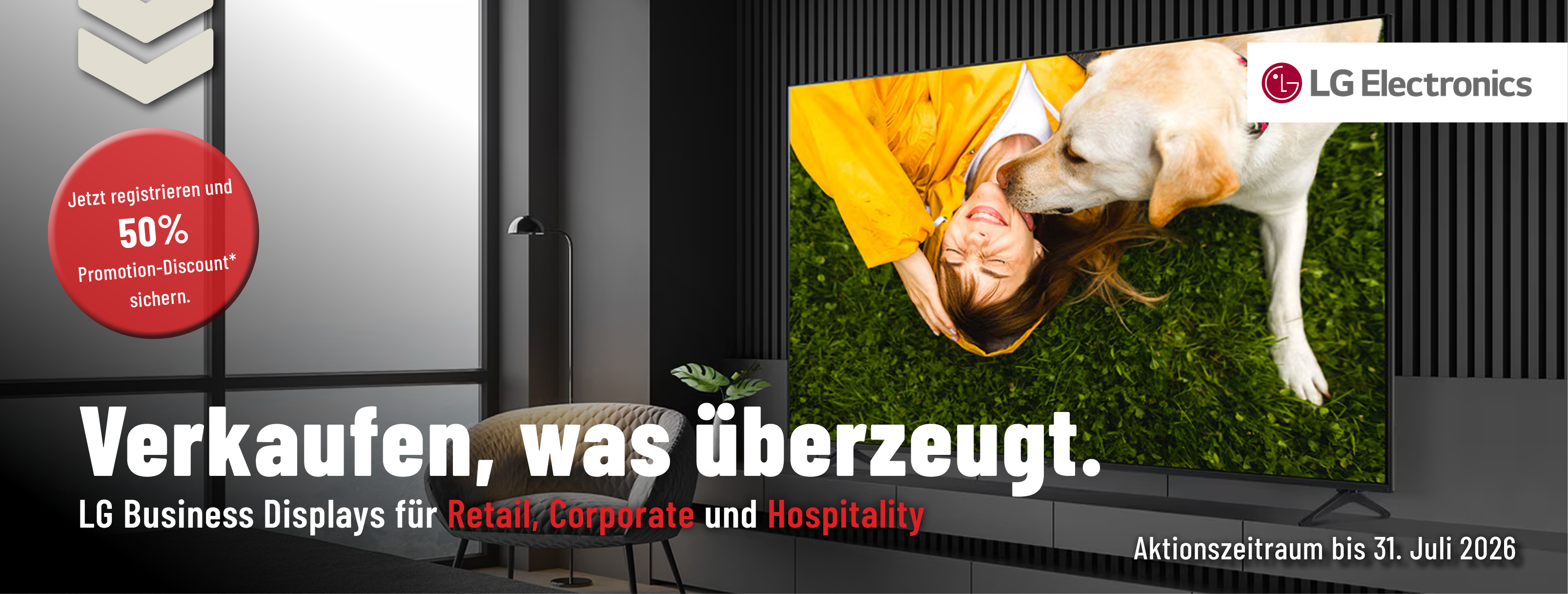 LG Electronics display, TV Bildschirm, Wohnzimmer, Werbebanner, Promo Badge