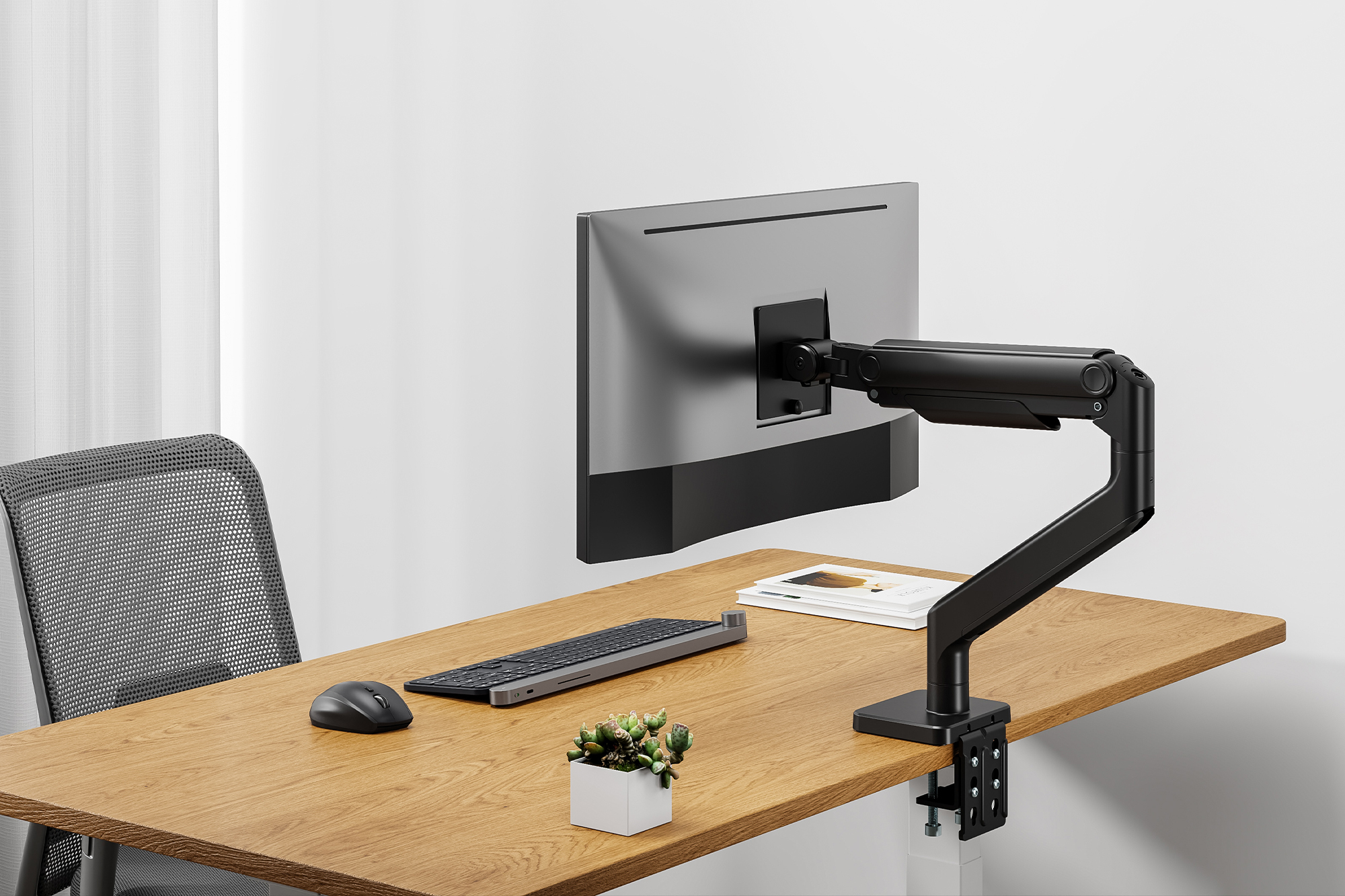 monitor, desk, arm mount, black, wooden desk