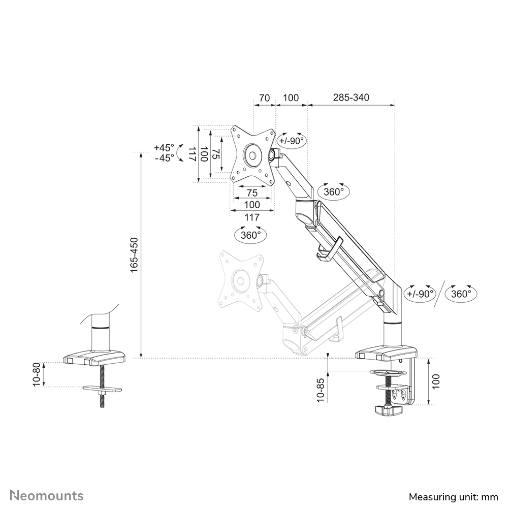 Neomounts Monitor-Tischhalterung - Klemme /Bolzen - 9 kg - 43,2 cm (17 Zoll) - 81,3 cm (32 Zoll) - 100 x 100 mm - Schwarz