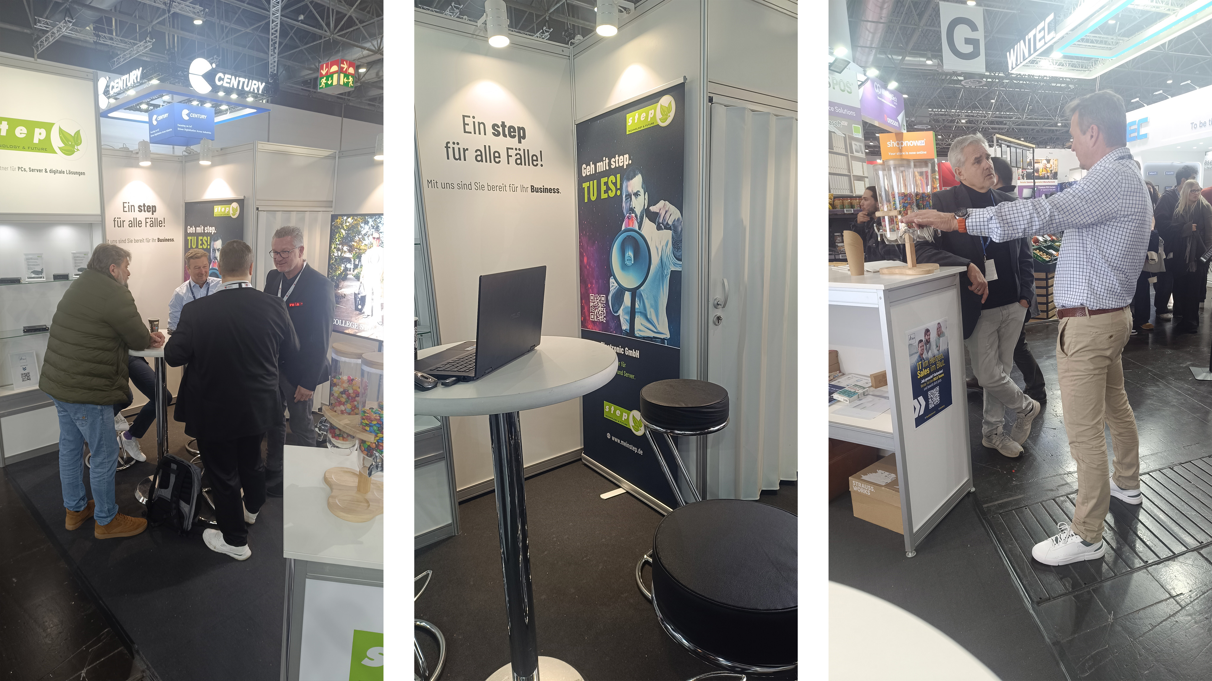 Messestand, Laptop, Sessel, Werbebanner, Interaktion