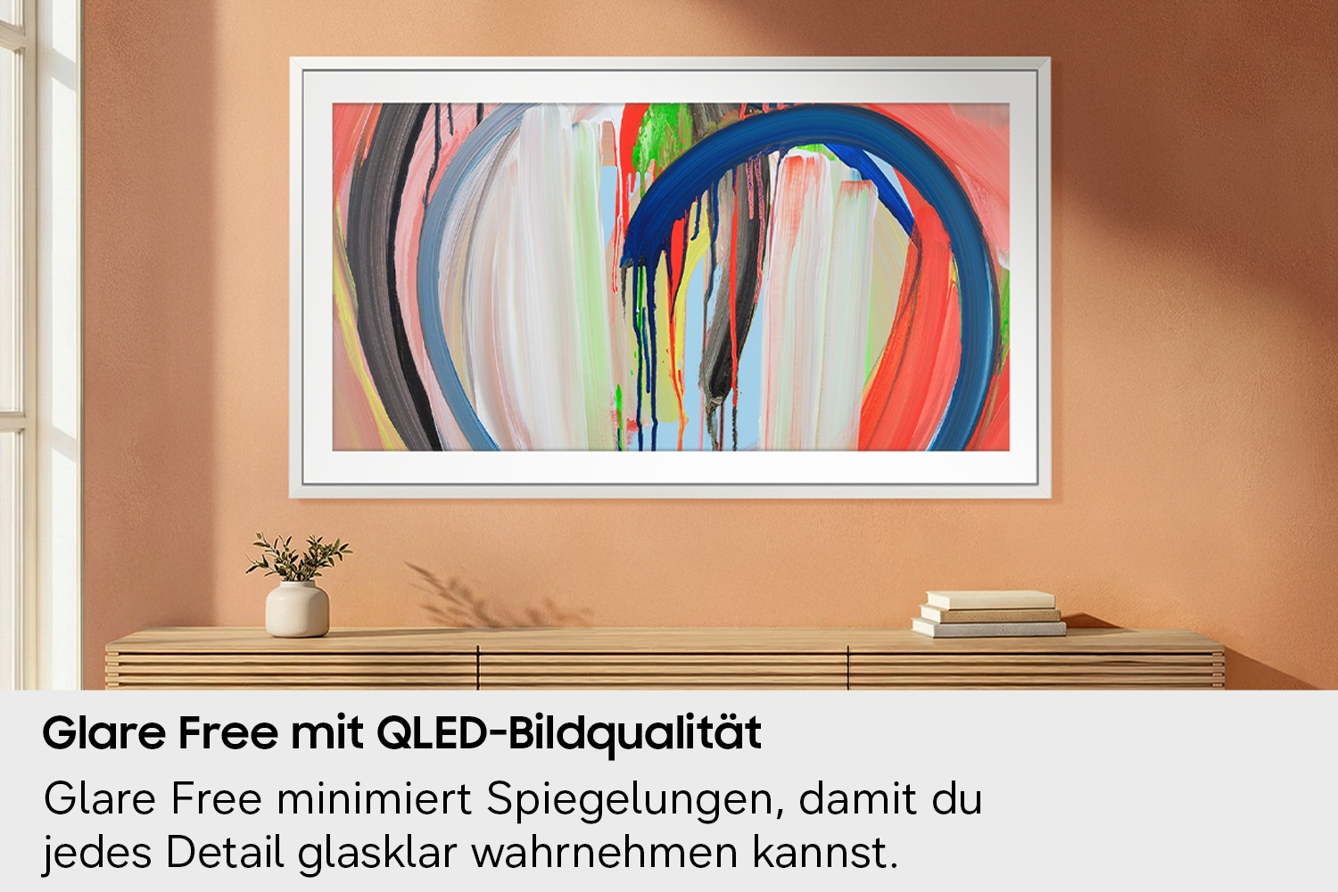 abstrakte kunst, gerahmtes bild, bunte streifen, blauer bogen, wohnzimmer dekoration