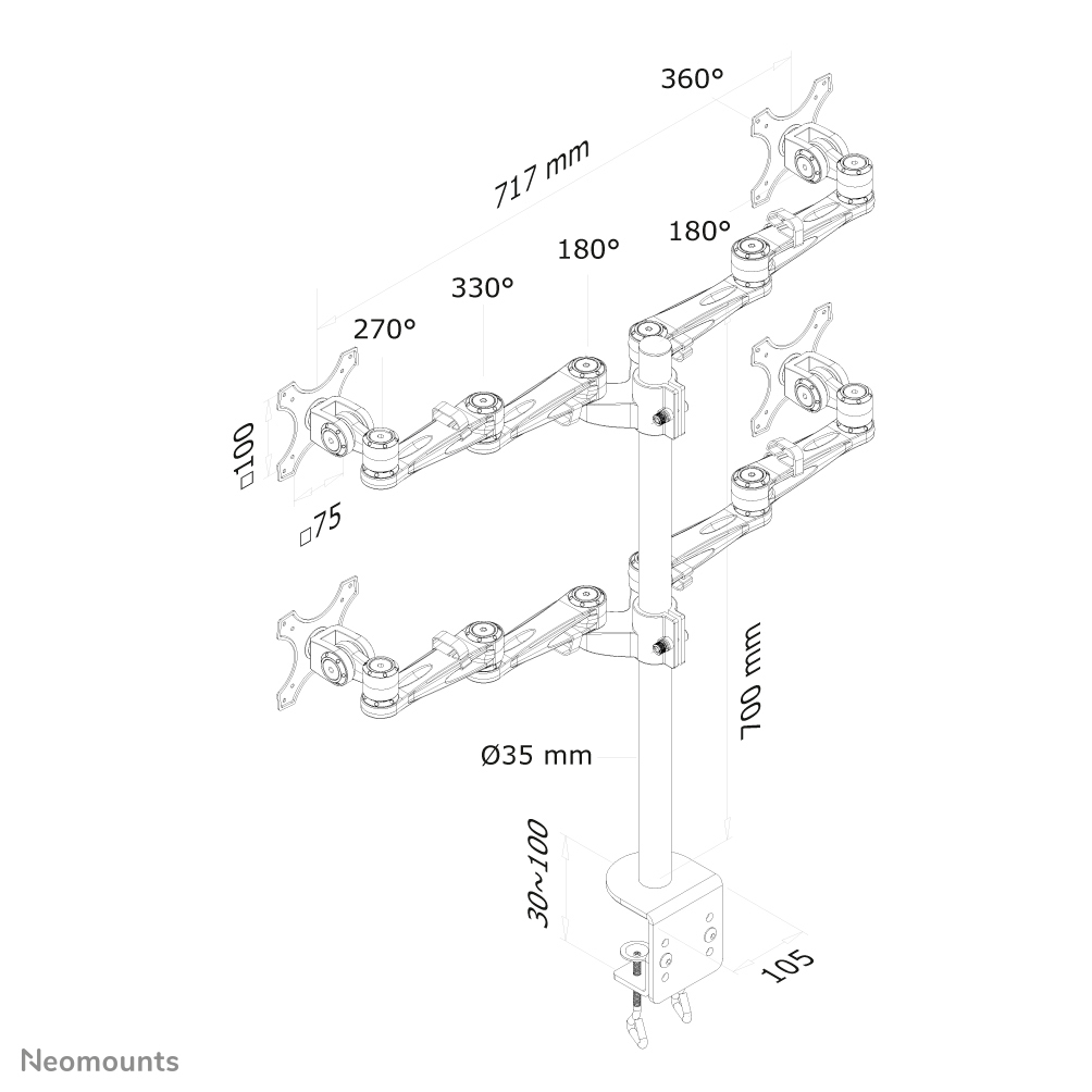 Neomounts Monitor-Tischhalterung - Klemme - 6 kg - 25,4 cm (10 Zoll) - 68,6 cm (27 Zoll) - 100 x 100 mm - Silber