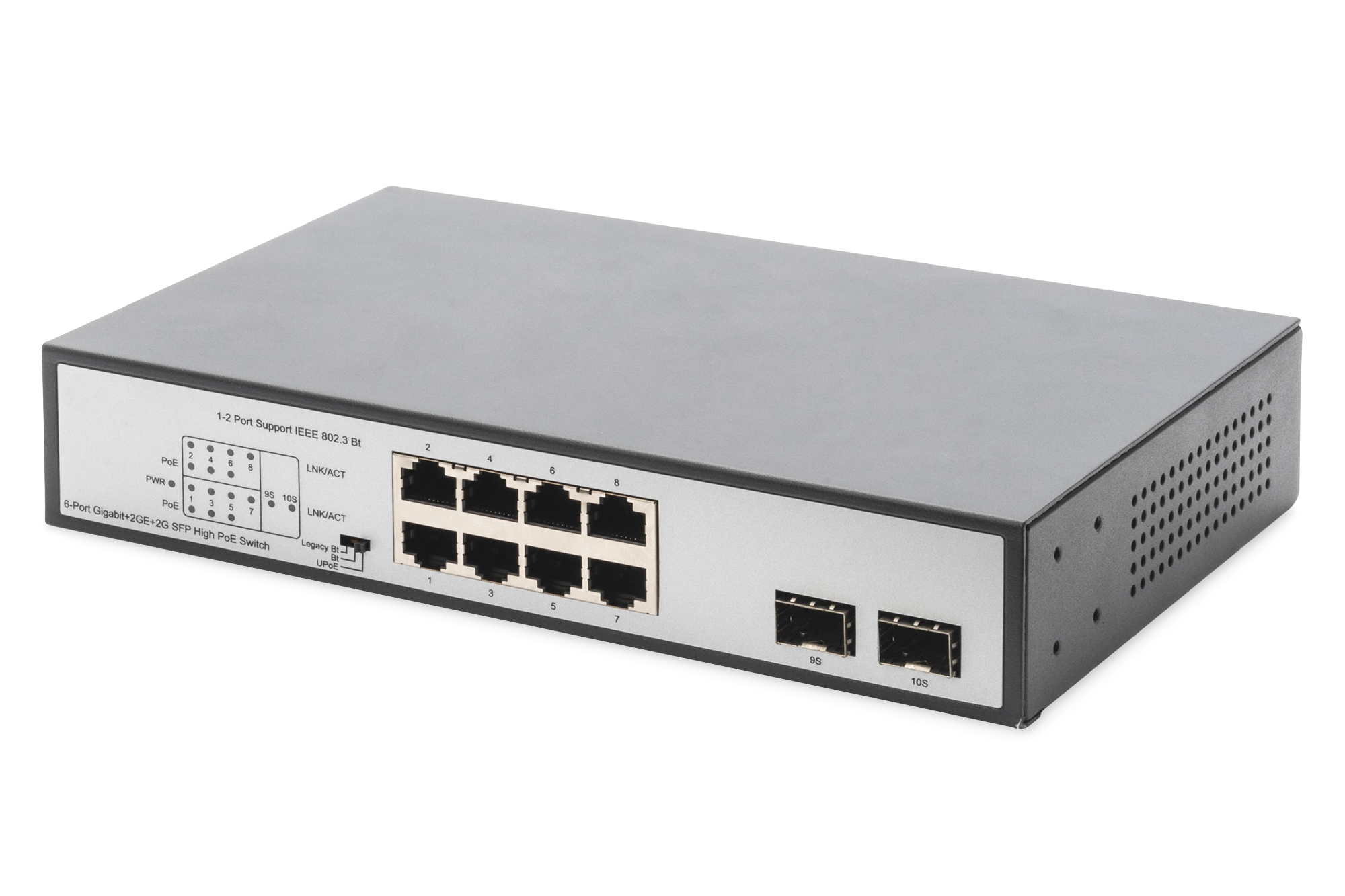 DIGITUS DN-95140 8-Port Gigabit PoE Netzwerkswitch, Desktop, unmanaged, 2 Uplink Ports, SFP, 180 W, af/at/bt DIGITUS DN-95140 8-Port Gigabit PoE Netzwerkswitch, Desktop, unmanaged, 2 Uplink Ports, SFP, 180 W, af/at/bt