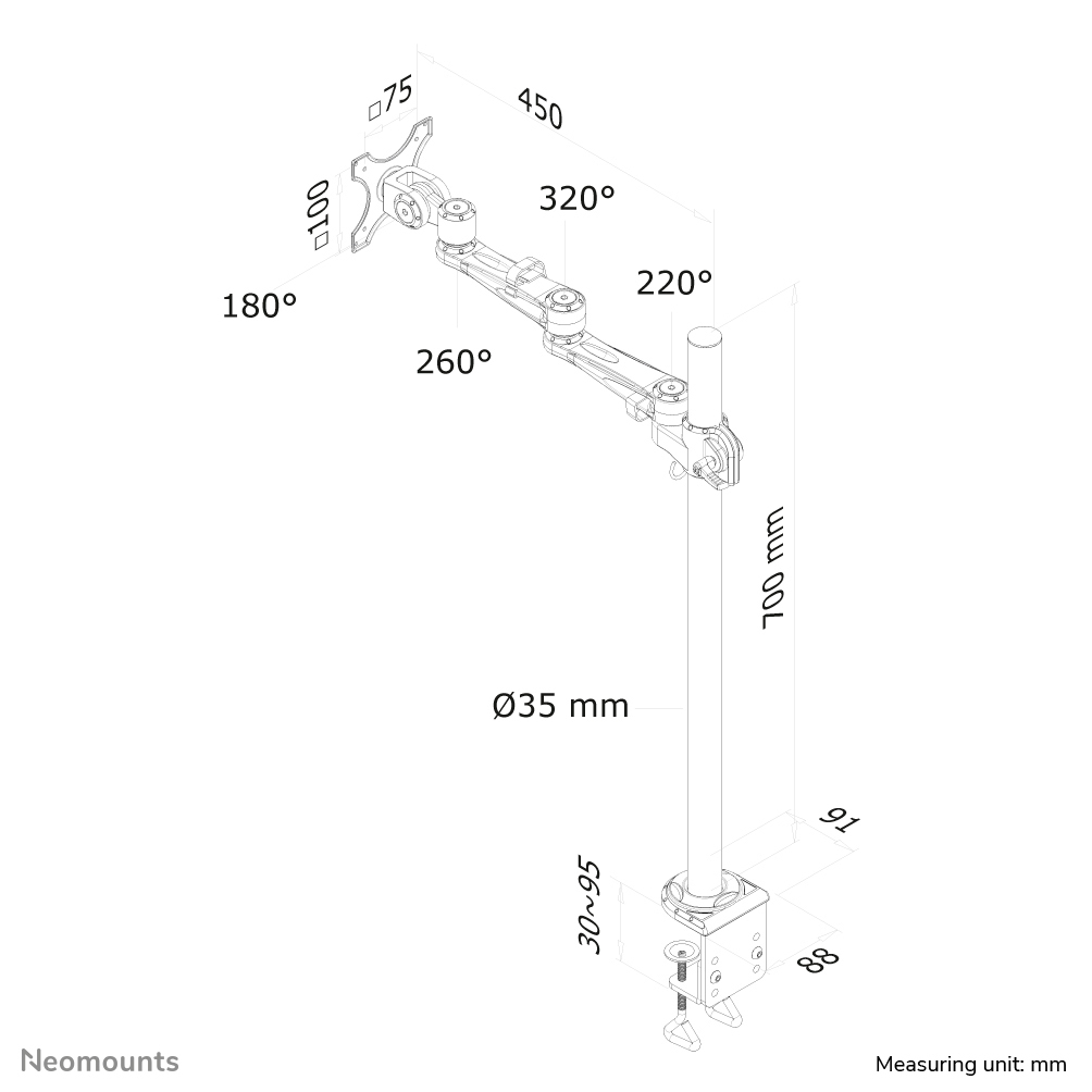 Neomounts Monitor-Tischhalterung - Klemme - 10 kg - 25,4 cm (10 Zoll) - 76,2 cm (30 Zoll) - 100 x 100 mm - Silber