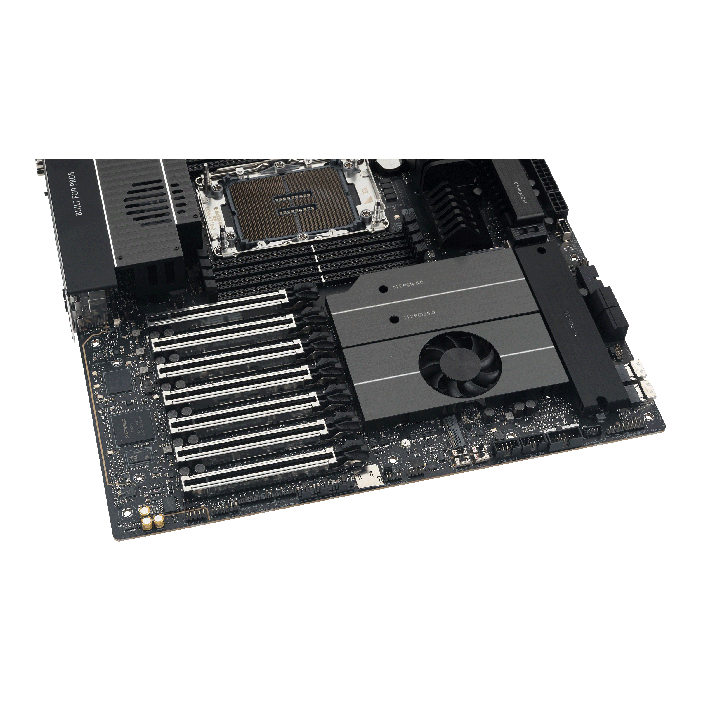 server-m motherboard, PCIe slots, CPU socket, RAM slots, Kühler-Lüfter