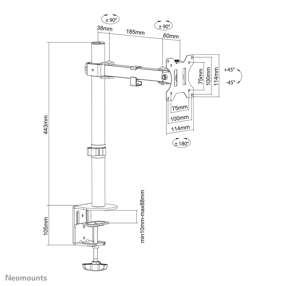 Neomounts Monitor-Tischhalterung - Klemme /Bolzen - 8 kg - 33 cm (13 Zoll) - 81,3 cm (32 Zoll) - 100 x 100 mm - Schwarz