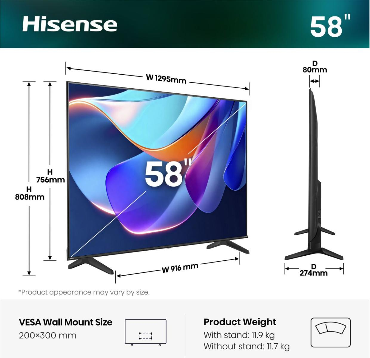 58 Zoll, LED-Fernseher, VESA 200x300, Standfuß, Abmessungen