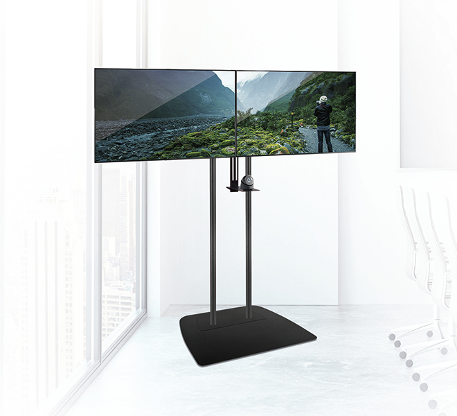 B-TECH SystemX Videokonferenz Standfuß für Dual-Displays nebeneinander mit Kameraablage  (VESA 400x400) - 1.5m Ø60mm Poles
