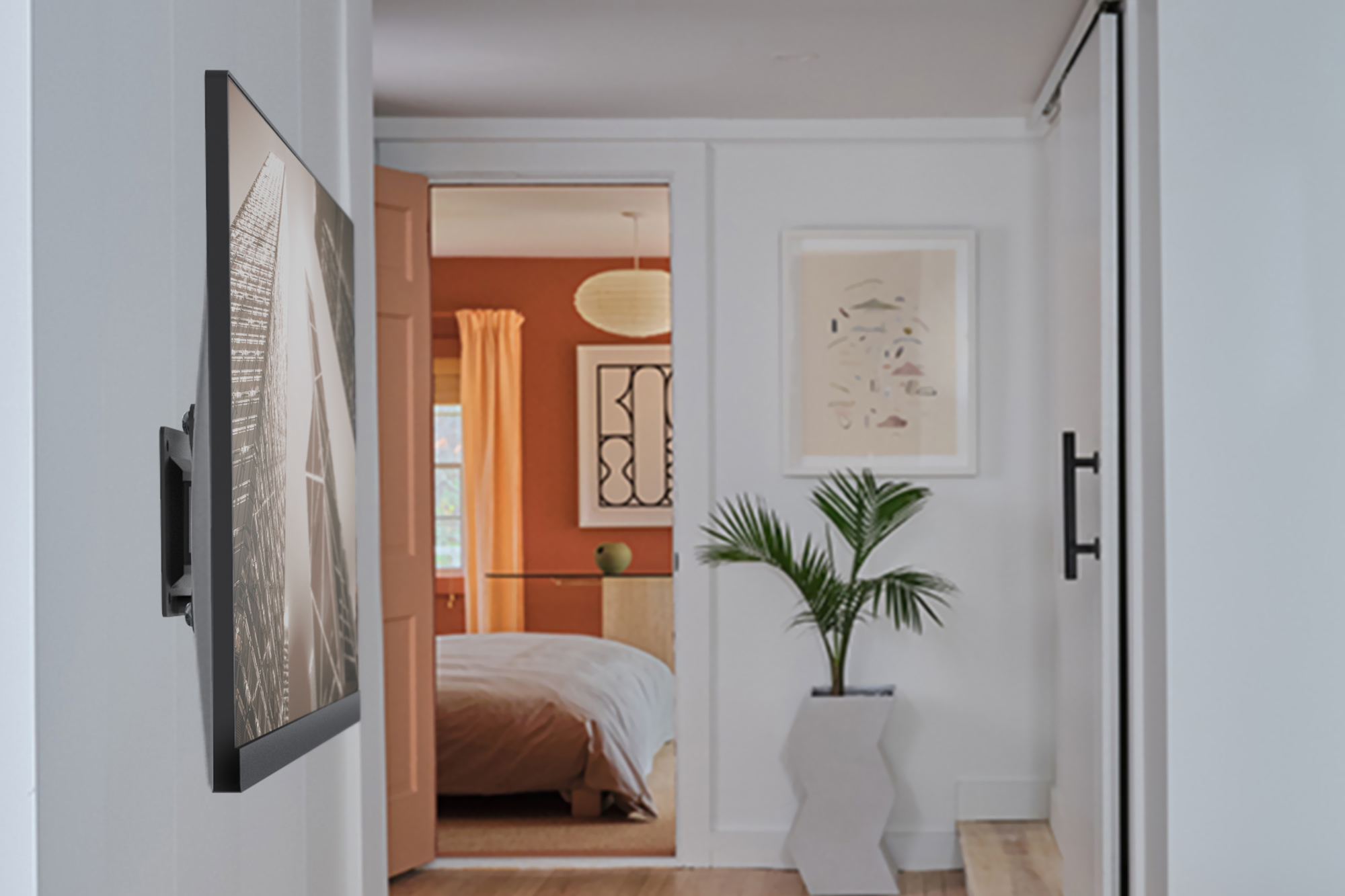 Wohnzimmeransicht, Bildschirmwandmontage, Wanddekoration, Pflanze, Interieur