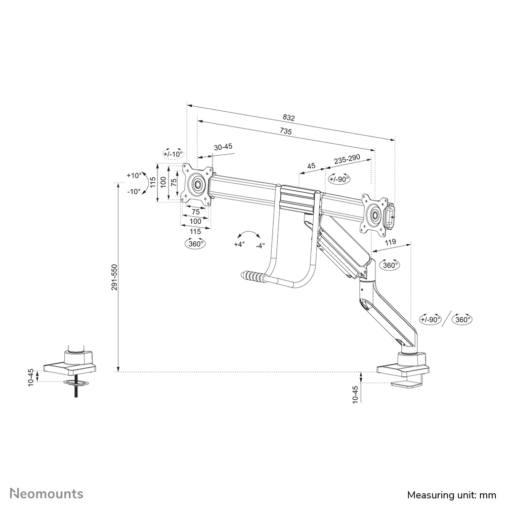 Neomounts Monitor-Tischhalterung - Klemme /Bolzen - 8 kg - 43,2 cm (17 Zoll) - 81,3 cm (32 Zoll) - 100 x 100 mm - Schwarz