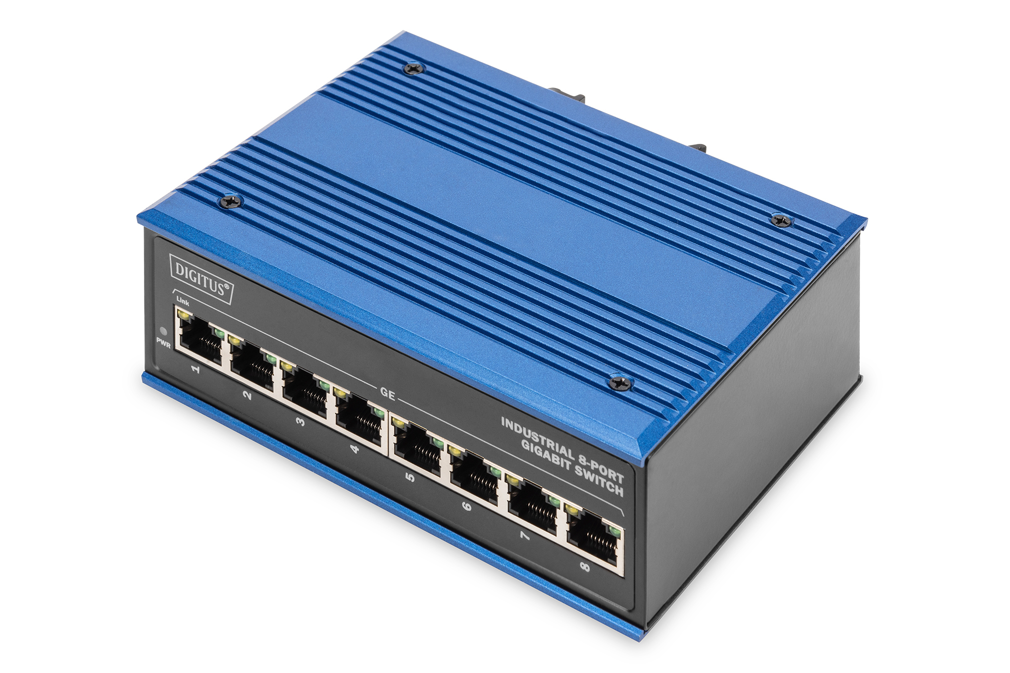 Industrieller Switch, Gigabit-Switch, 8-Port, Blaues Metallgehäuse, RJ45-Anschlüsse