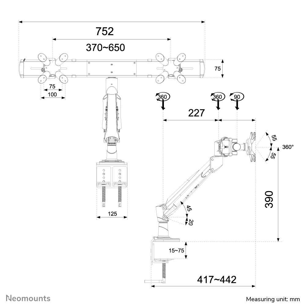 Neomounts Monitor-Tischhalterung - Klemme - 7 kg - 25,4 cm (10 Zoll) - 61 cm (24 Zoll) - 100 x 100 mm - Silber