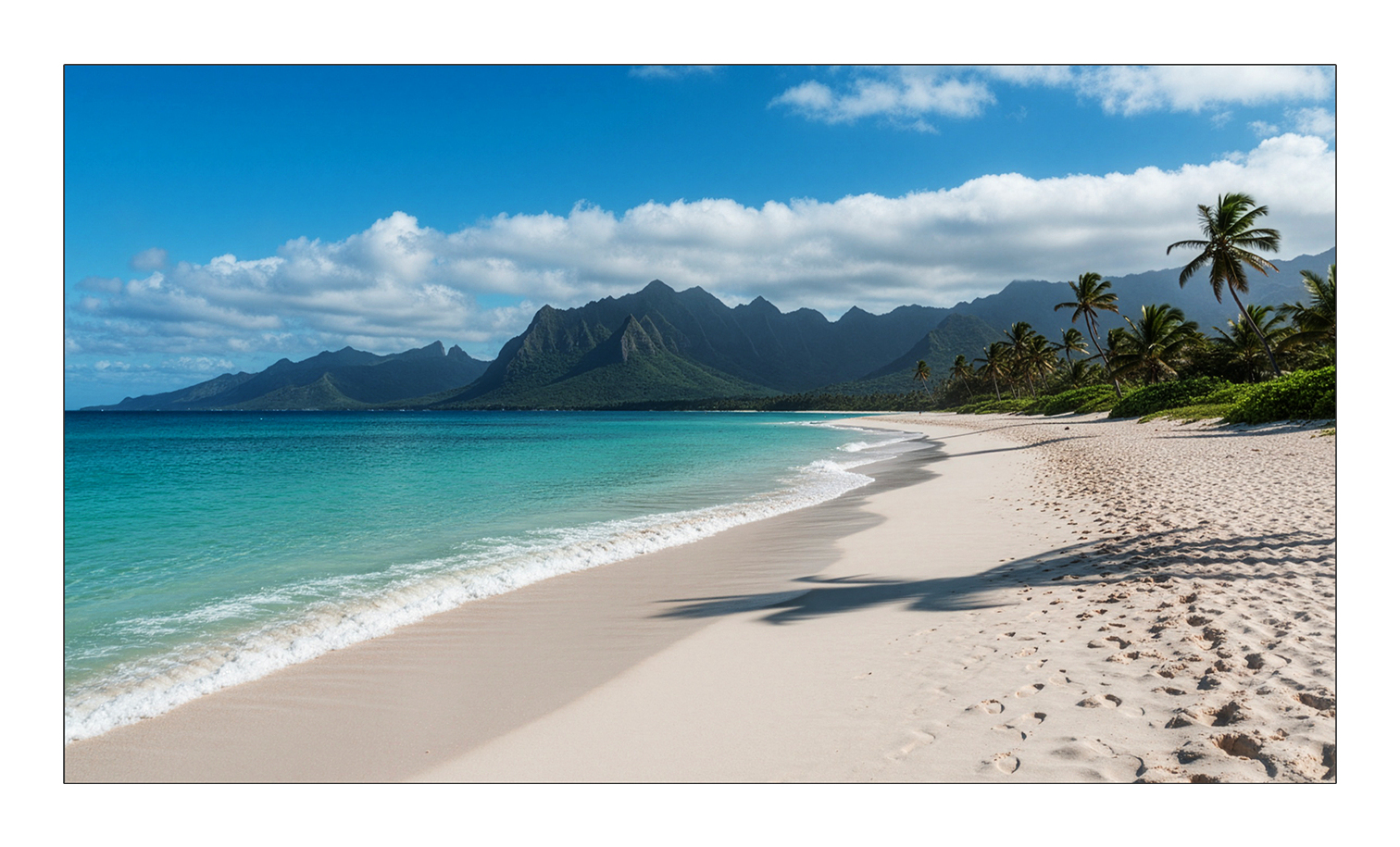 strand, palmen, meer, berge, sonniger tag