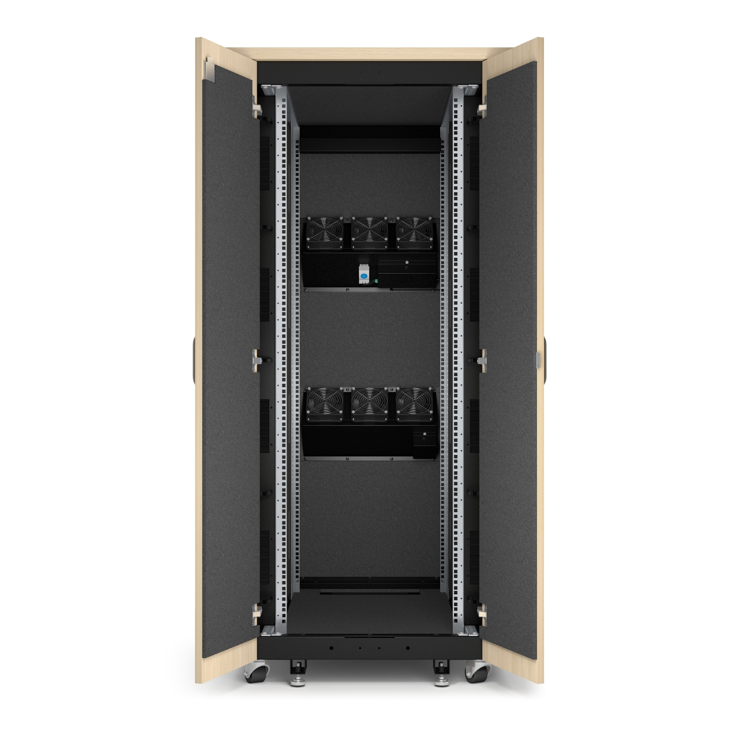 Serverrack, Netzwerkrack, Kühlungslüfter, Holzkabinet, Kabelmanagement