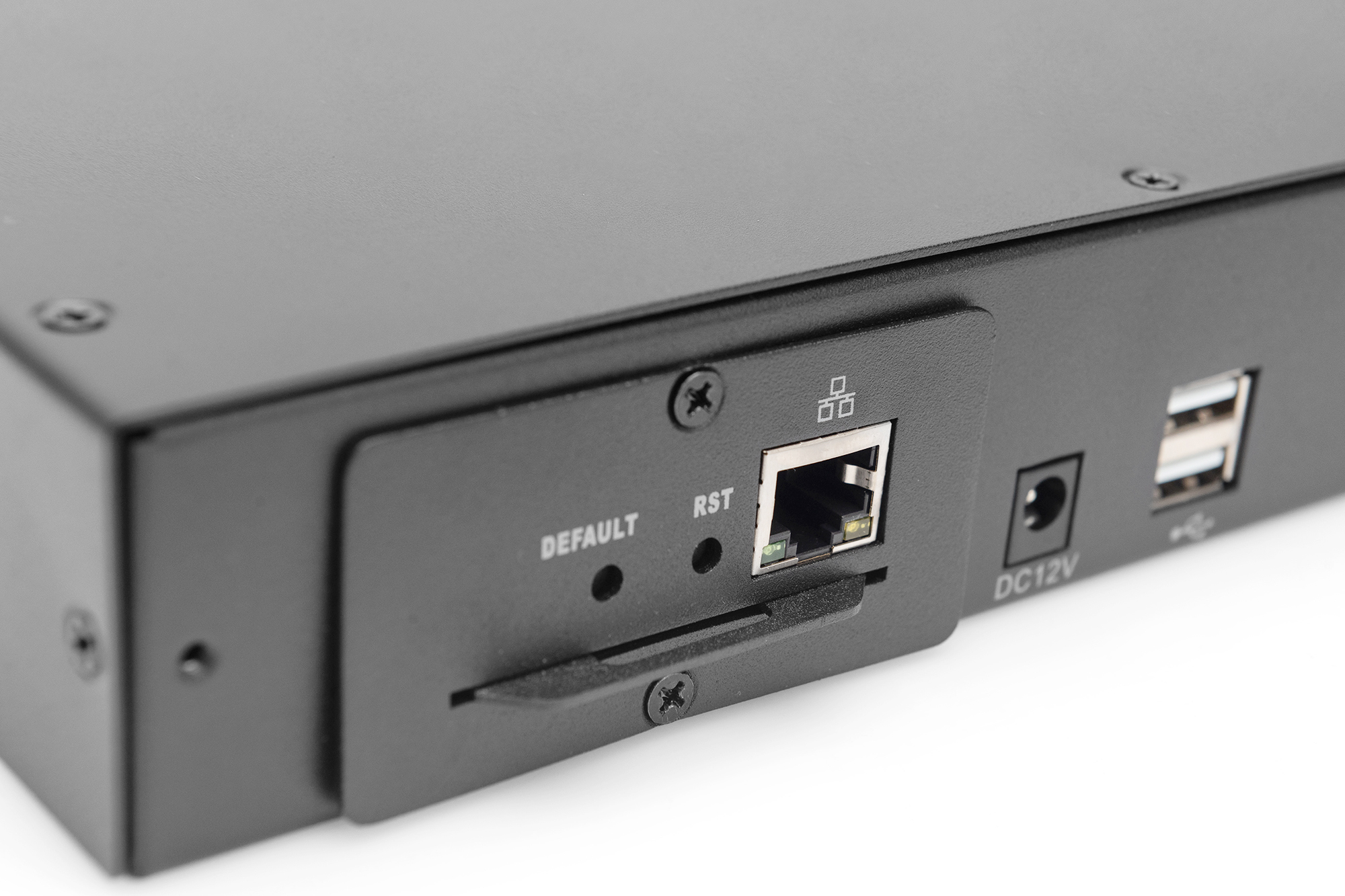 Netzwerkport, RJ45, USB-A, DC 12V, Gerätetag