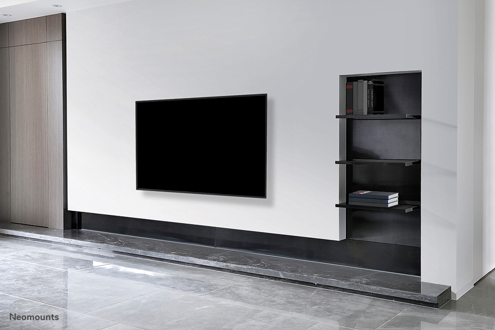 fernseher, wandtv, schwarz, bodenleiste, schrankregal
