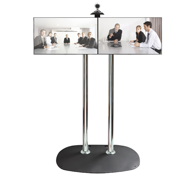 B-TECH SystemX Videokonferenz Standfuß für Dual-Displays nebeneinander mit Kameraablage  (VESA 200x200) - 1.5m Ø60mm Poles