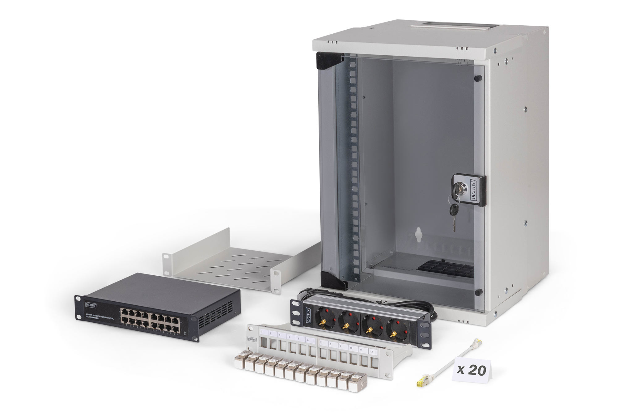 server rack, network cabinet, patch panel, power strip, cable management