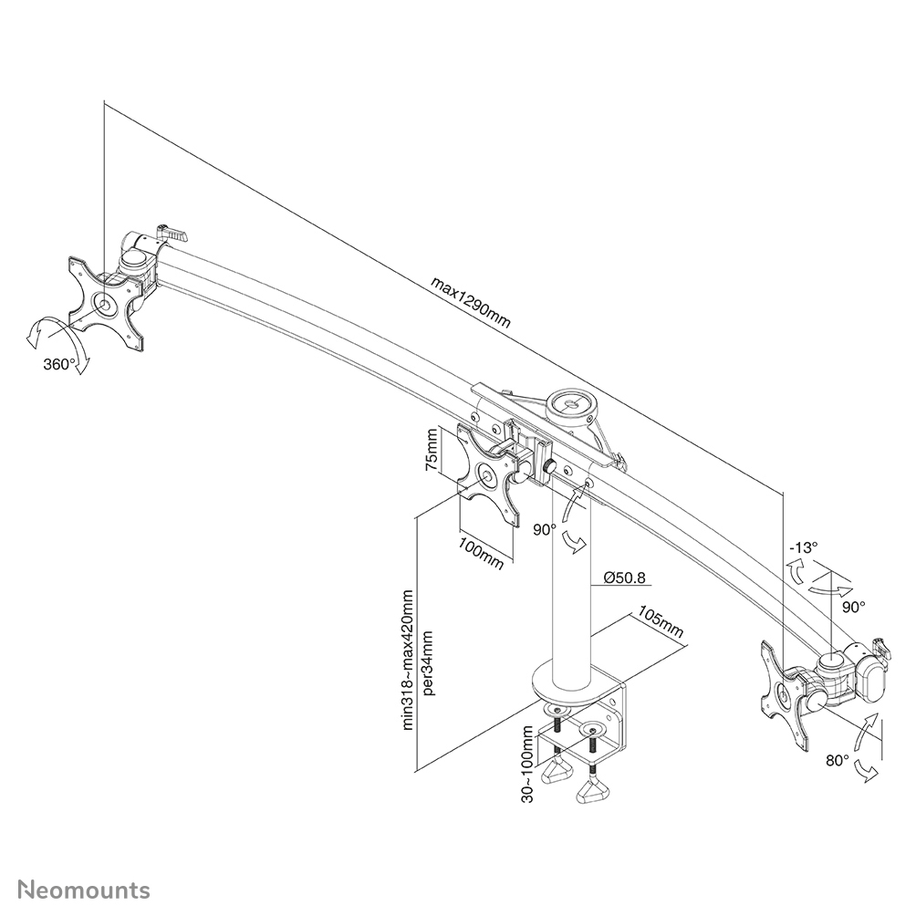 Neomounts Monitor-Tischhalterung - Klemme - 8 kg - 25,4 cm (10") - 68,6 cm (27") - 100 x 100 mm - Schwarz