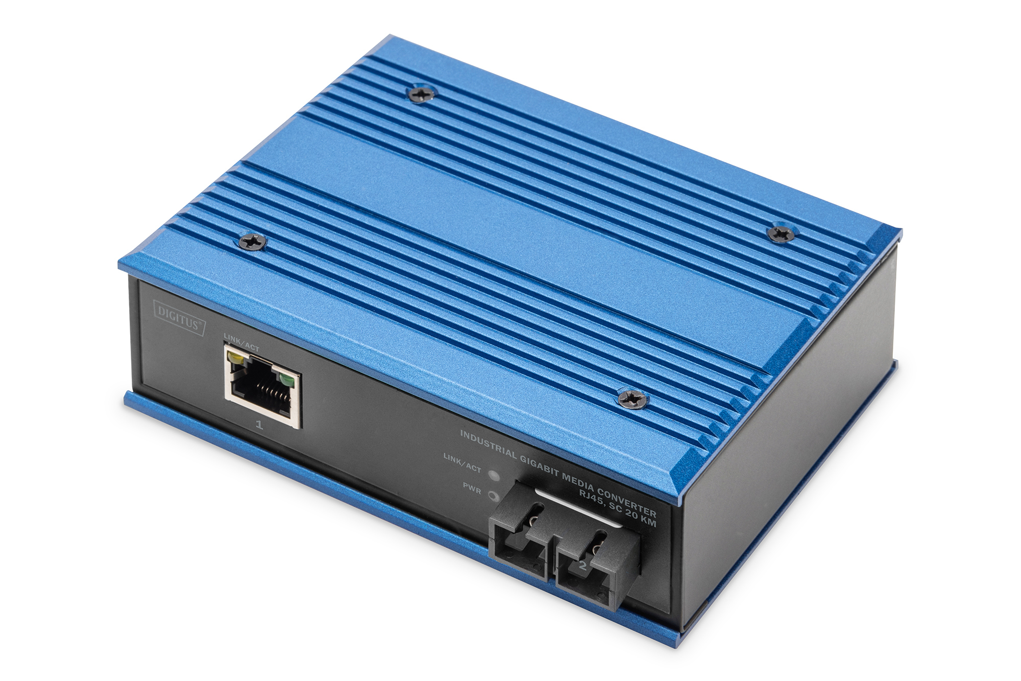 Netzwerkgerät, Industrie-Ethernet, RJ45-Port, blaues Gehäuse, Metallgehäuse