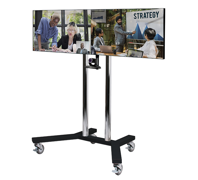 B-TECH SystemX Videokonferenz Rollständer für Dual-Displays nebeneinander mit Kameraablage(VESA 200x200) - 1.5m Ø60mm Poles
