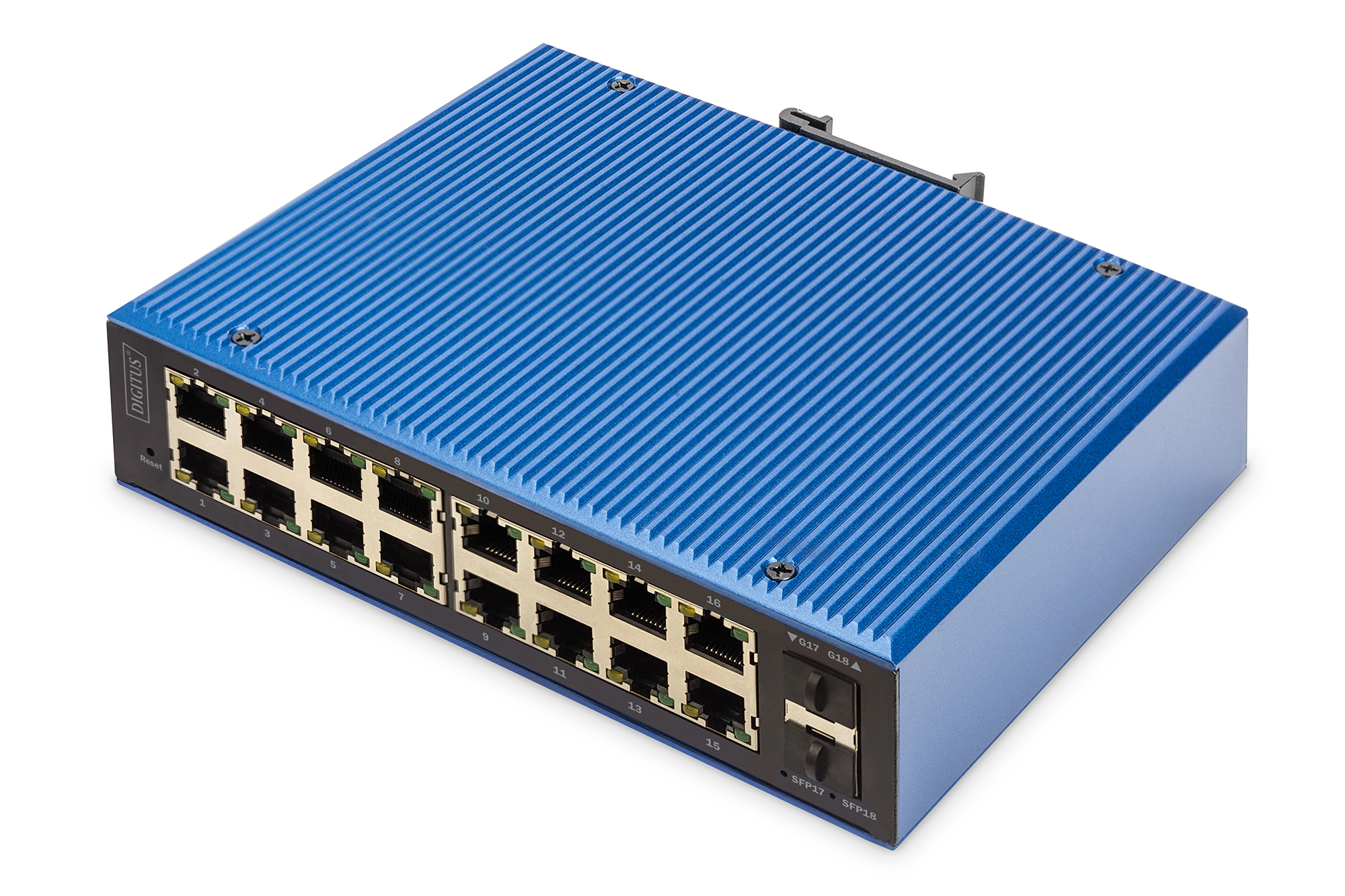Netzwerkschalter, 16-Port-Switch, Rackmount, blaues Gehäuse, Gigabit-Ethernet