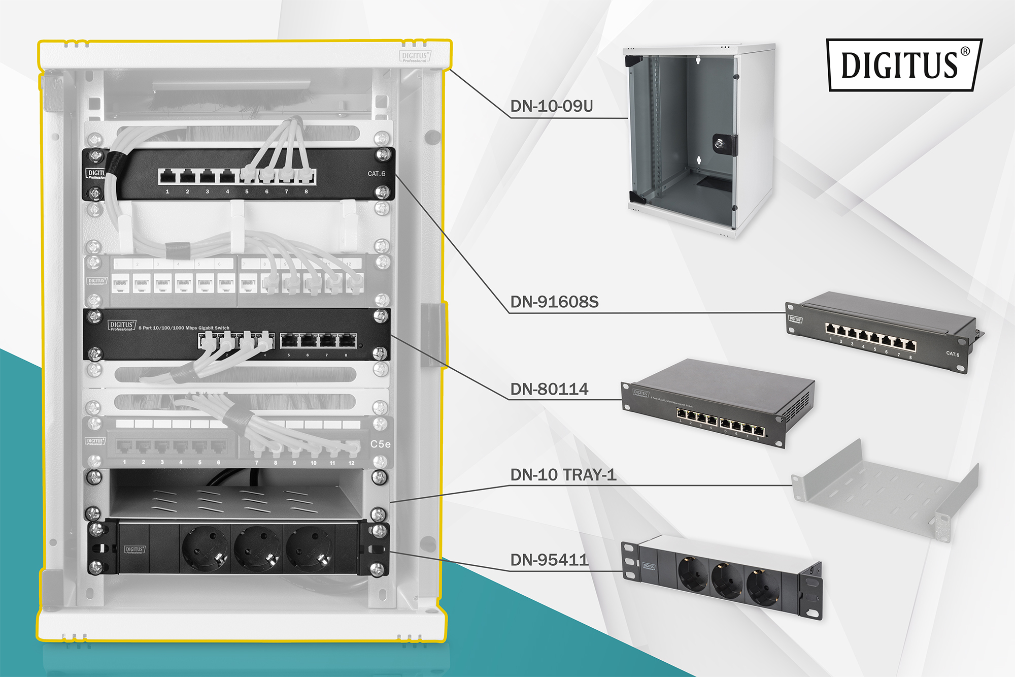 netzwerk rack, patch panel, schalter, kabelmanagement, rack stromleiste
