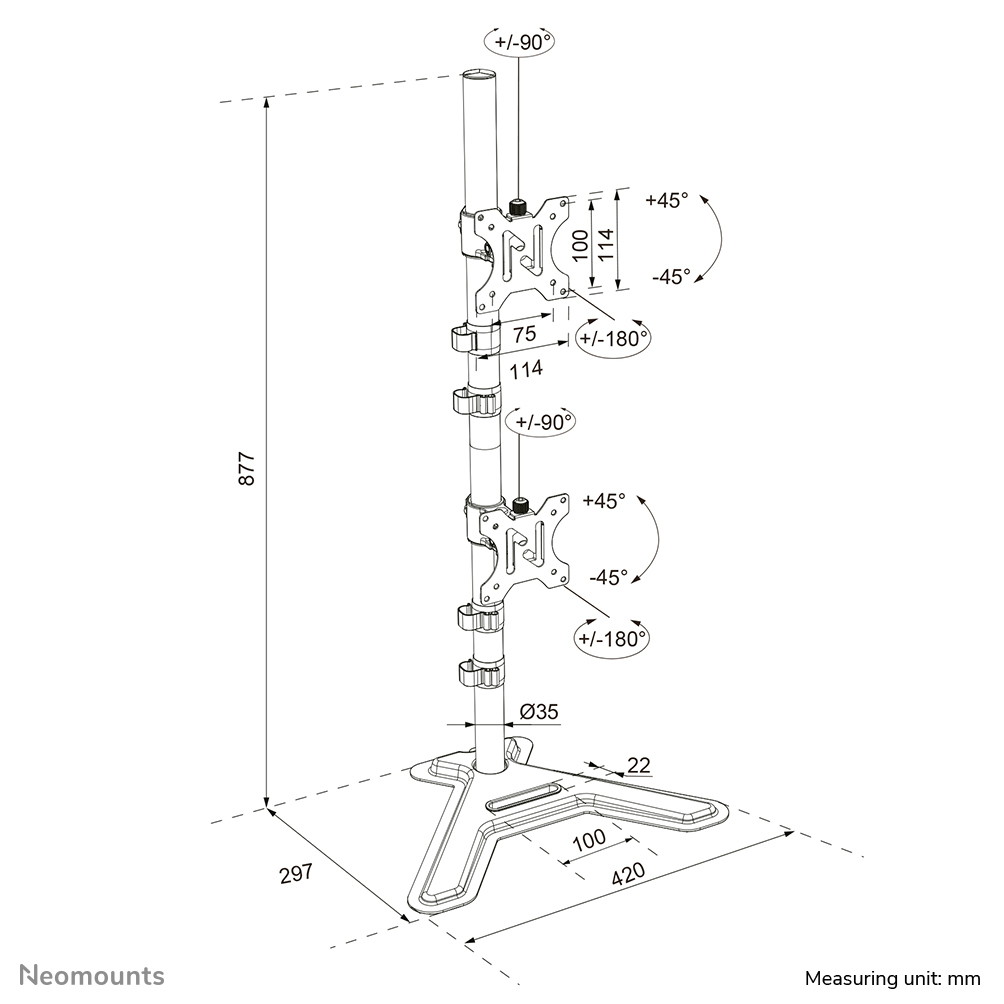 Monitorständer, verstellbar, Montagearm, VESA-Stativ, Maßzeichnung