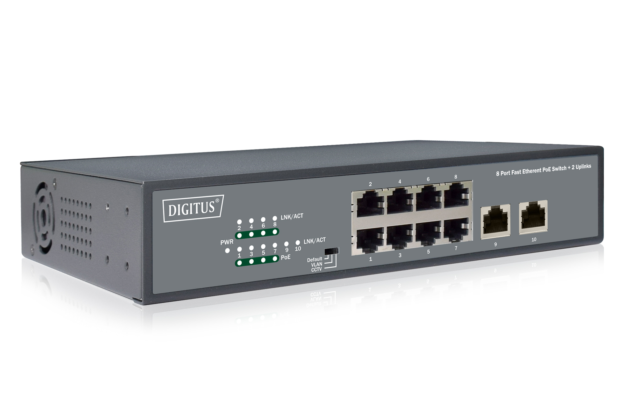 DIGITUS DN-95323-1 8-Port Fast Ethernet PoE Netzwerkswitch, Desktop, unmanaged, 2 Uplink Ports RJ45,120 W, af/at DIGITUS DN-95323-1 8-Port Fast Ethernet PoE Netzwerkswitch, Desktop, unmanaged, 2 Uplink Ports RJ45,120 W, af/at