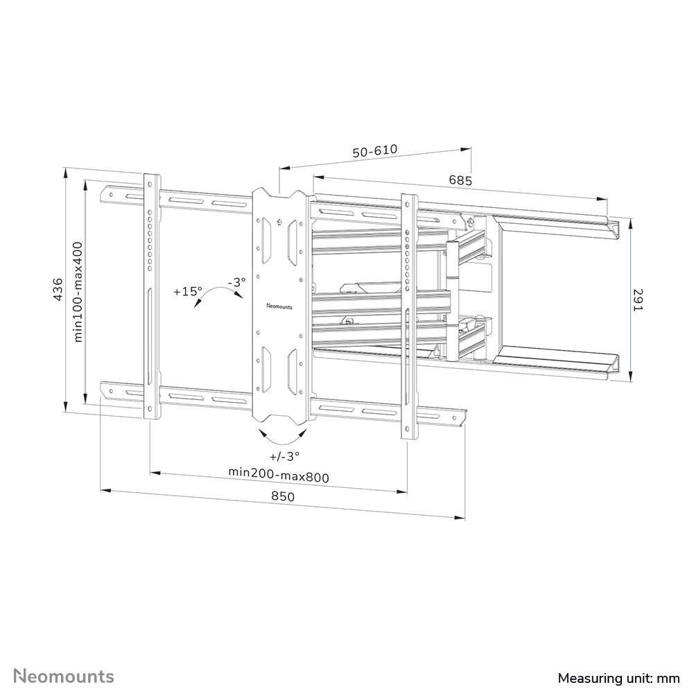 TV Wandhalterung, Montageframe, verstellbare Arme, Ausziehlänge, Maßeinheit mm