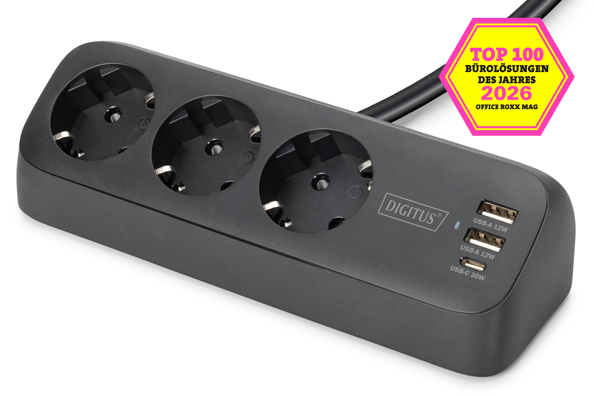 Steckdosenleiste, Mehrfachsteckdose, USB-Hub, Schwarz, 3 Steckdüsen