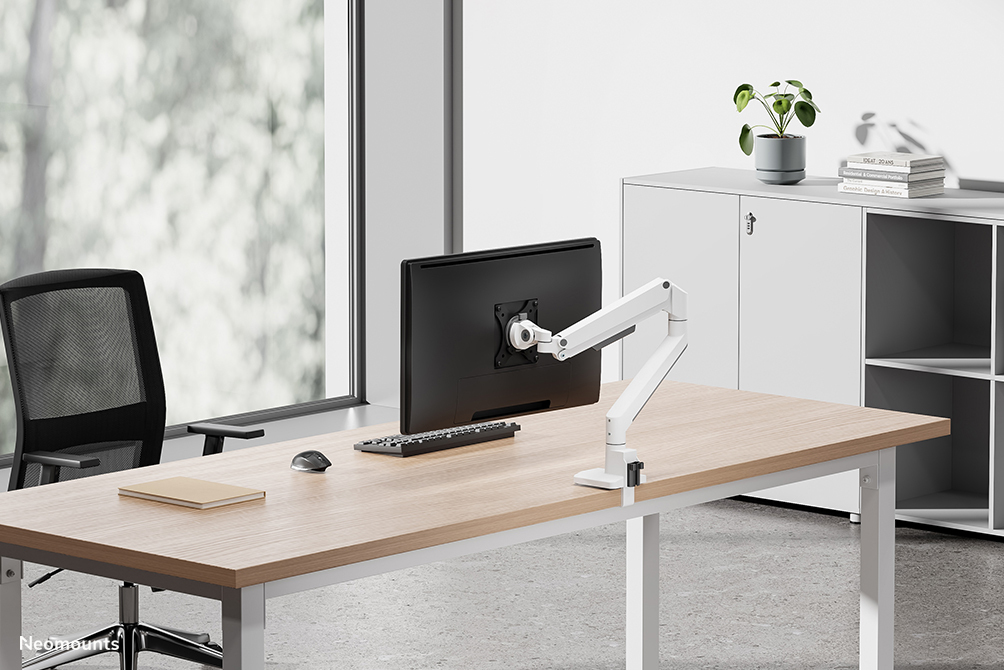 monitor arm, desk monitor, ergonomic, office desk, cabinet with plant