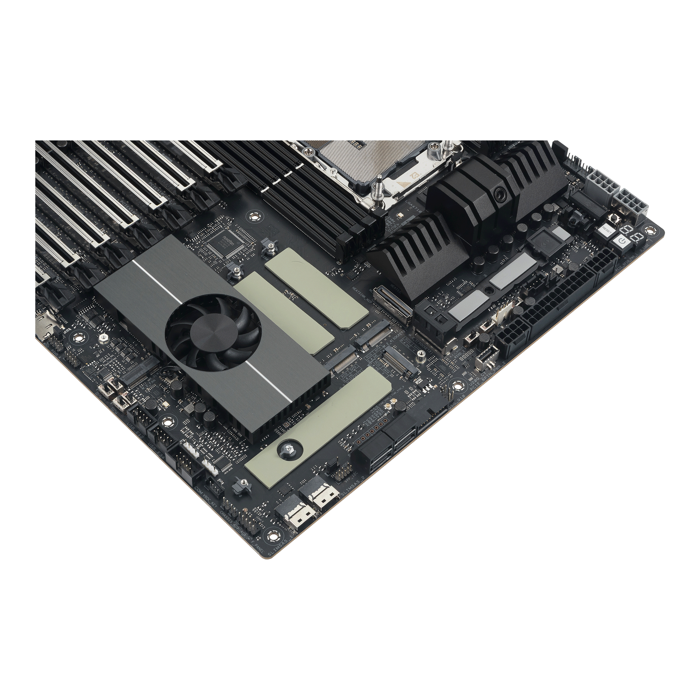 Server-Motherboard, CPU-Kühler, RAM-Steckplätze, PCIe-Slots, ATX-Formfaktor
