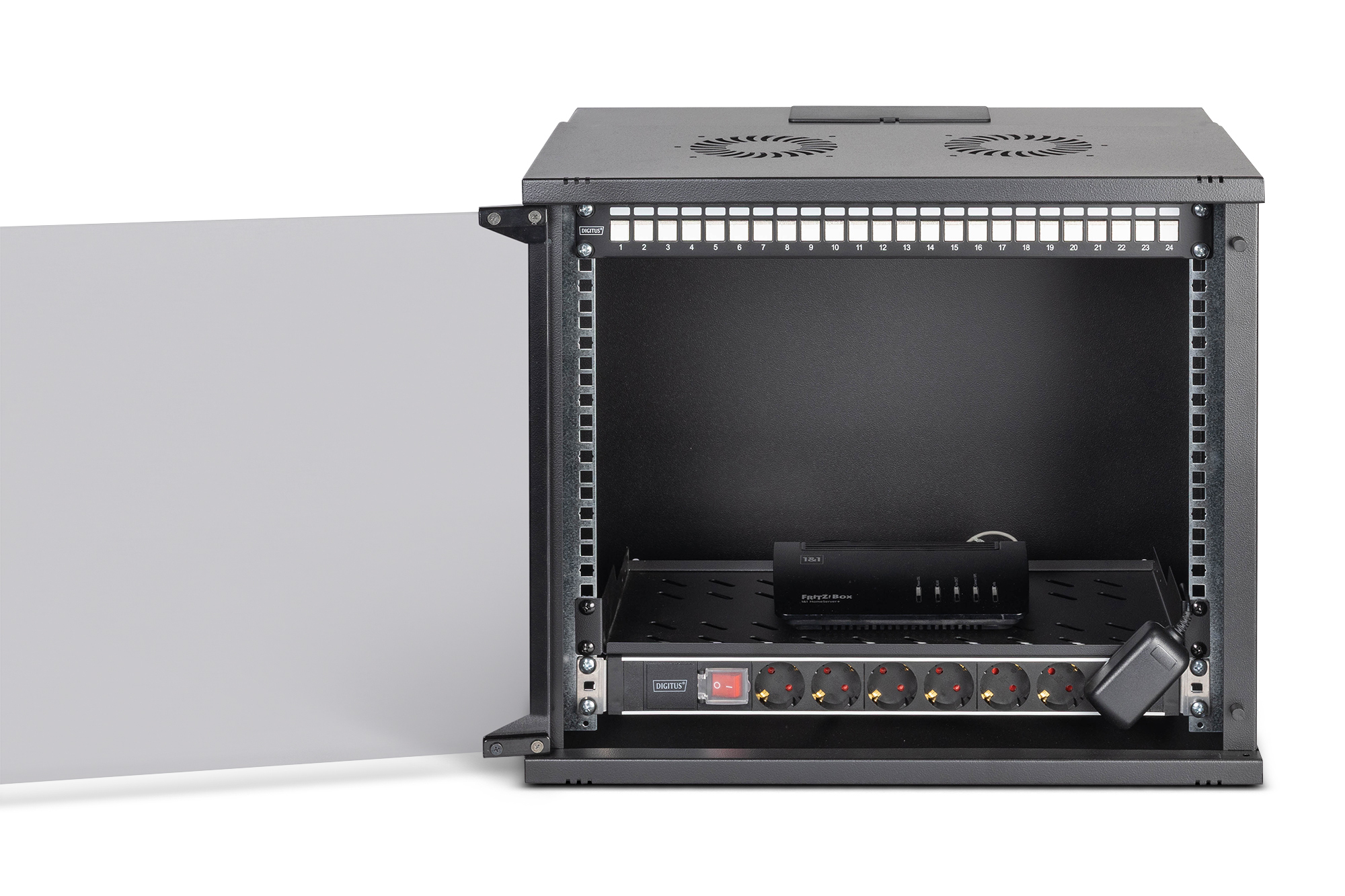 Regal, Server, Steckdosenleiste, Patchpanel, Netzwerk-Schrank