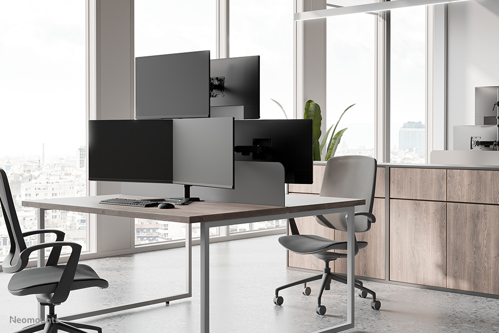 Schreibtisch Büro, Dual-Monitor-Setup, ergonomischer Stuhl, Holz veneer Schrank, Büro Glasplatten