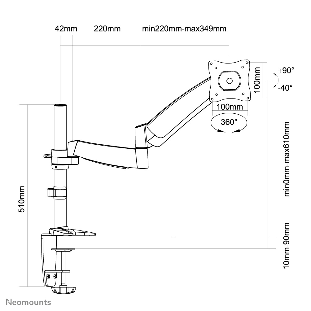 Neomounts Monitor-Tischhalterung - Klemme /Bolzen - 9 kg - 33 cm (13 Zoll) - 68,6 cm (27 Zoll) - 100 x 100 mm - Silber
