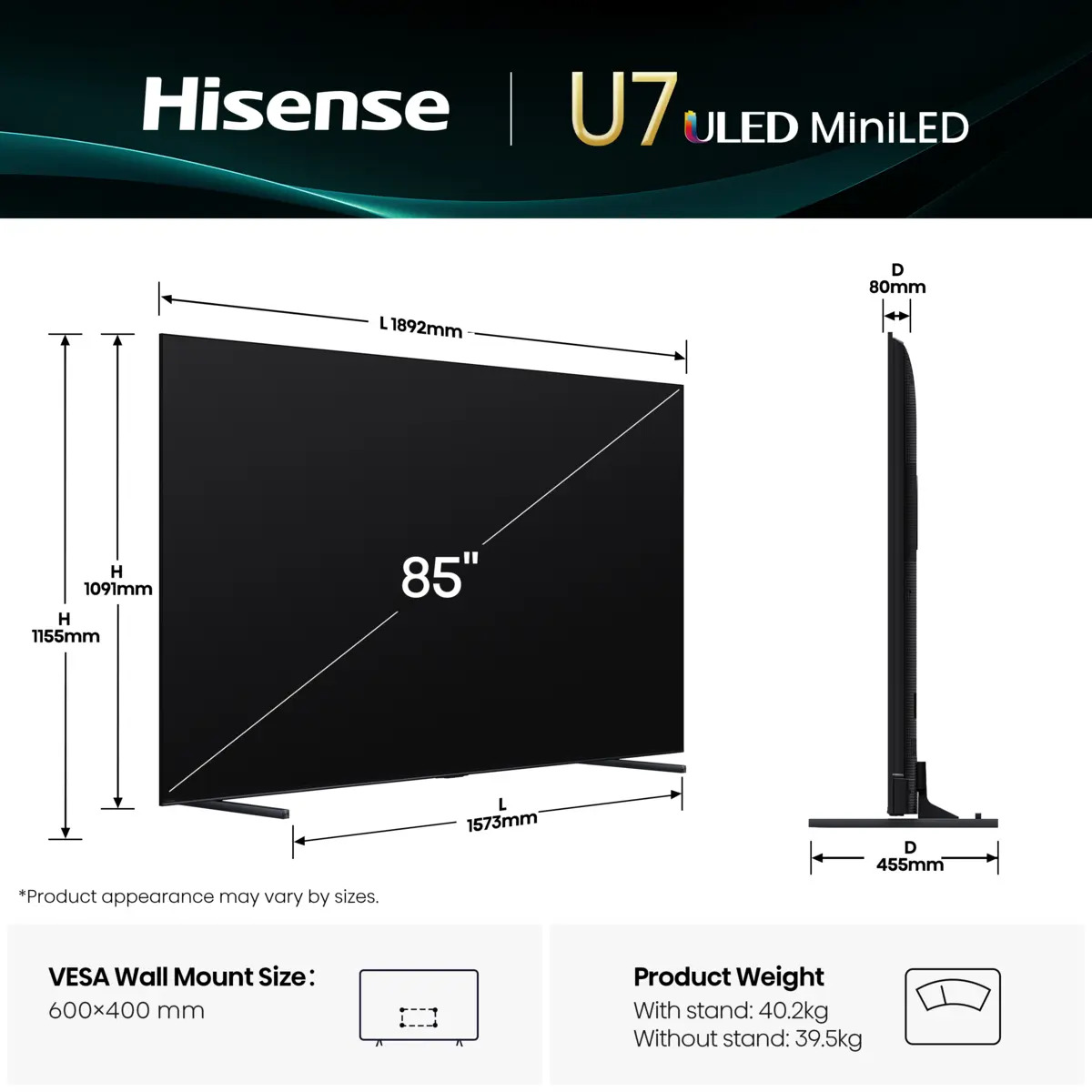 85-Zoll-Fernseher, ULED Mini-LED, Hisense, schwarzes Gehäuse, VESA 600×400
