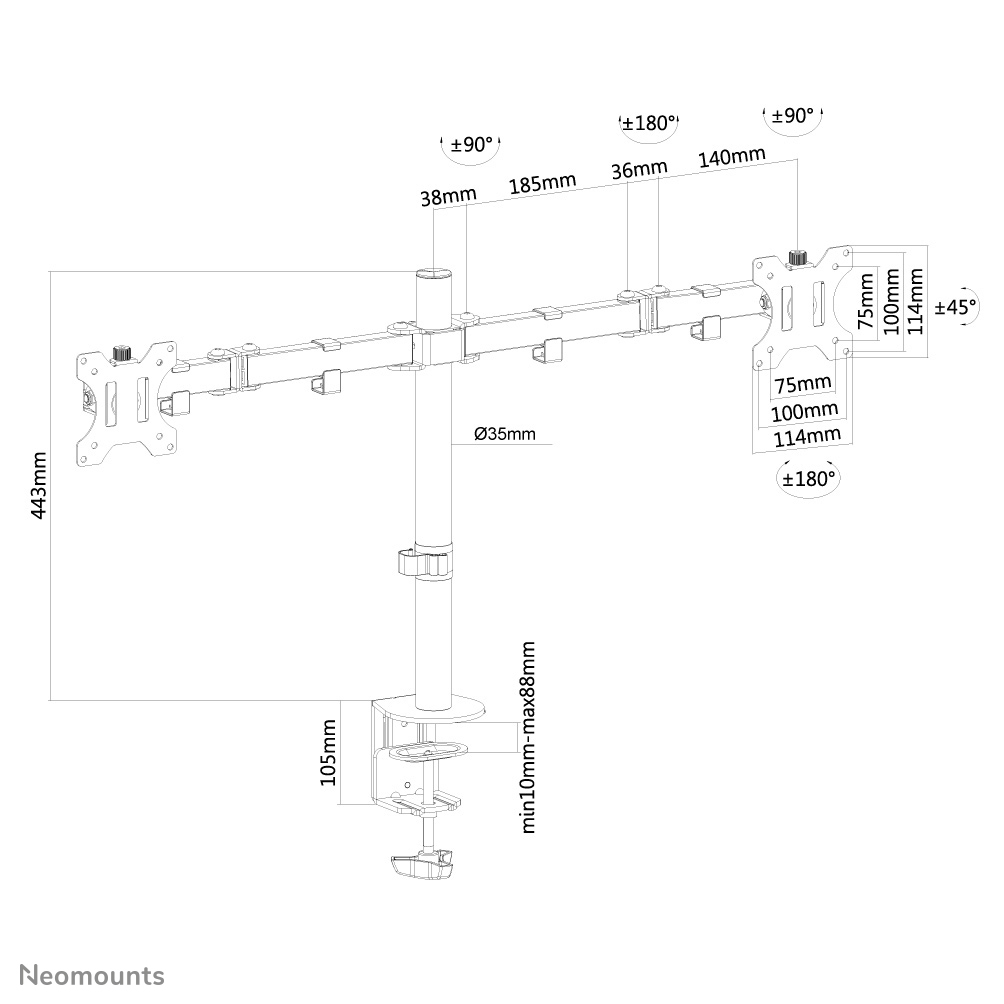 Neomounts Monitor-Tischhalterung - Klemme /Bolzen - 8 kg - 25,4 cm (10 Zoll) - 81,3 cm (32 Zoll) - 100 x 100 mm - Schwarz