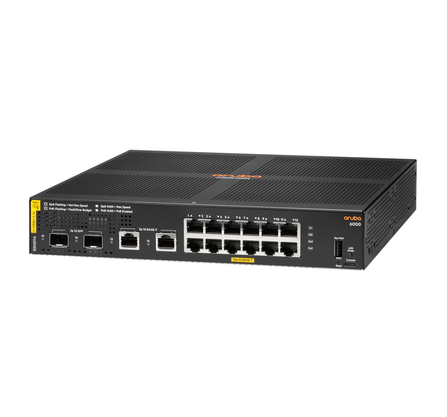 HPE Aruba 6000 12 x 10/100/1000 (PoE+) + 2 x Gigabit SFP + 2 x 1000Base-T,  R8N89A